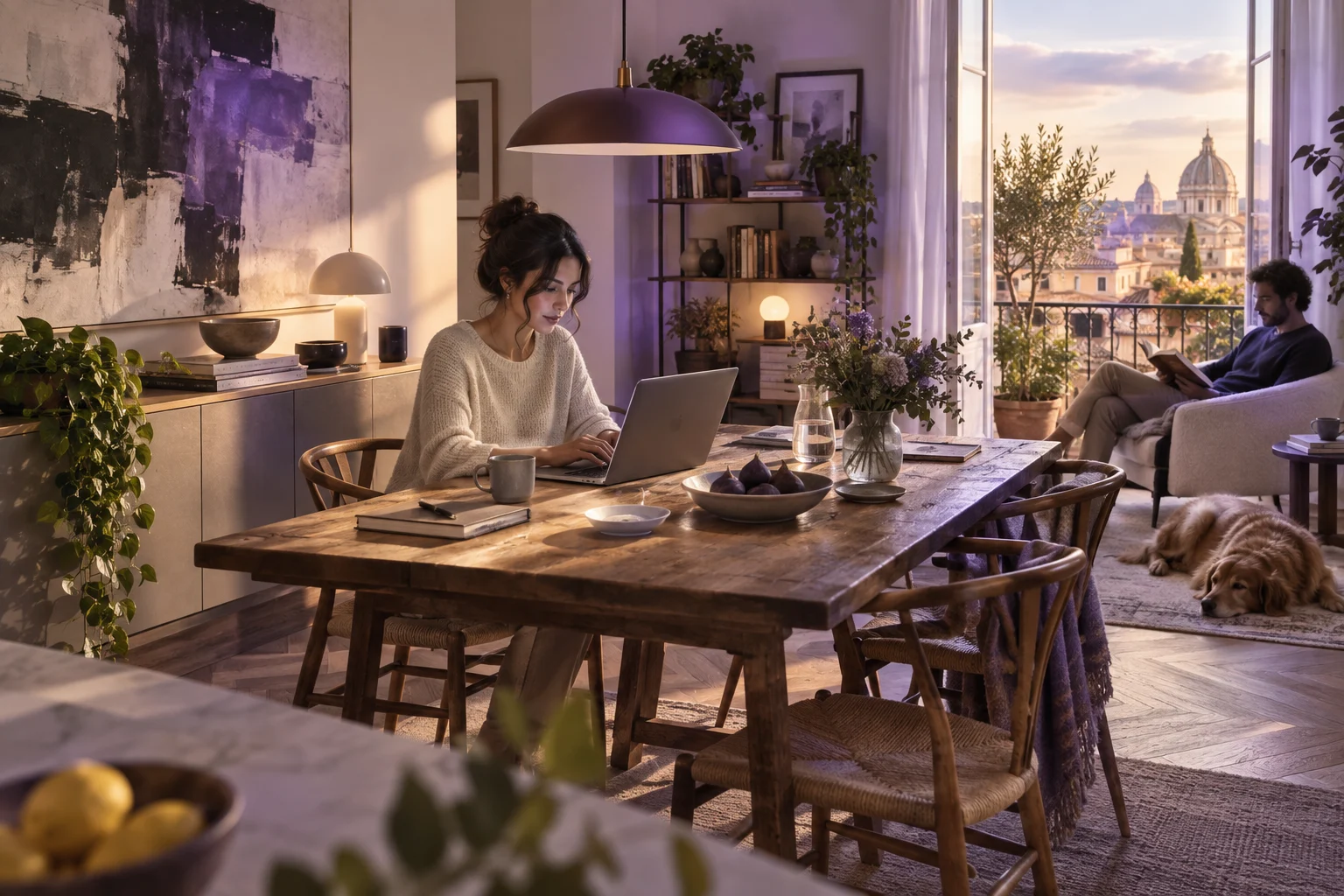 Persone che lavorano e leggono in una casa luminosa