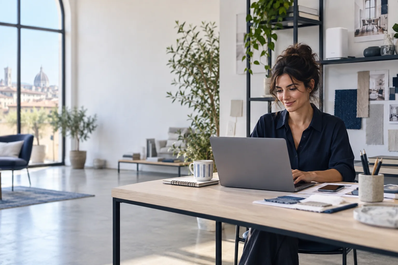 Professionista al lavoro in un piccolo studio connesso
