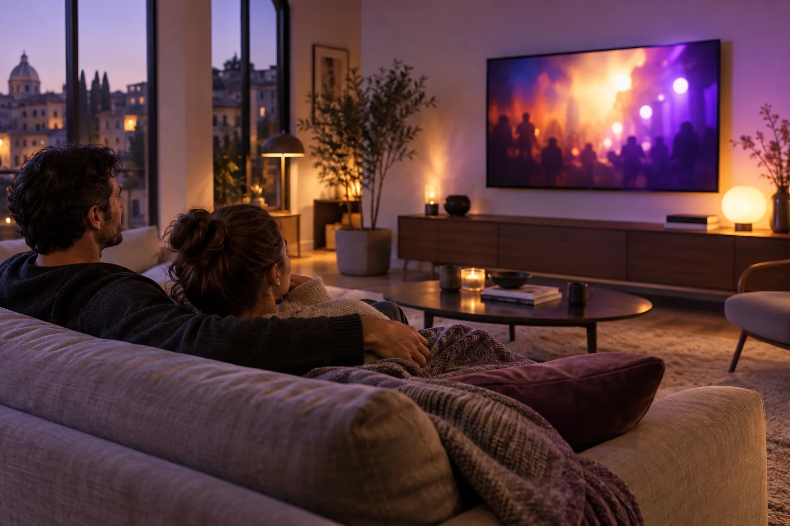 Due persone guardano la TV nel soggiorno di casa
